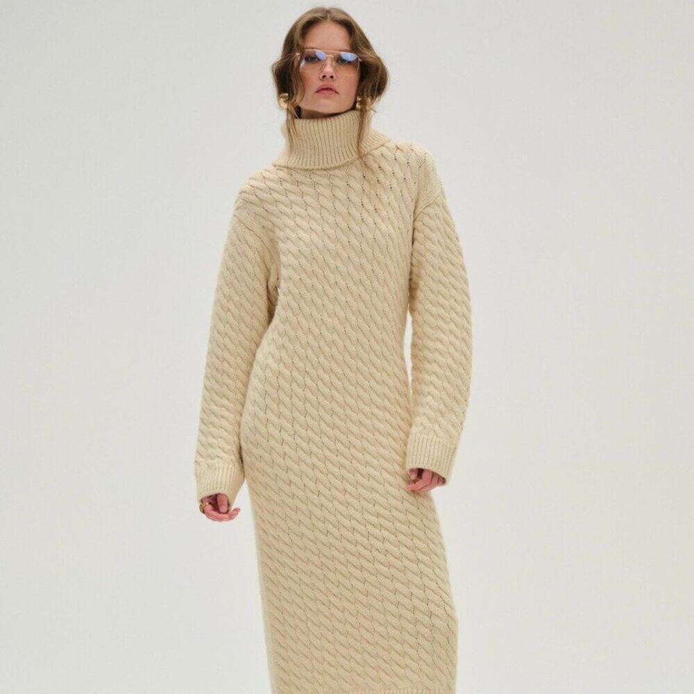 BNWT For Love & Lemons Milana Sweater Maxi Dress Brown Cable Knit Turtleneck L